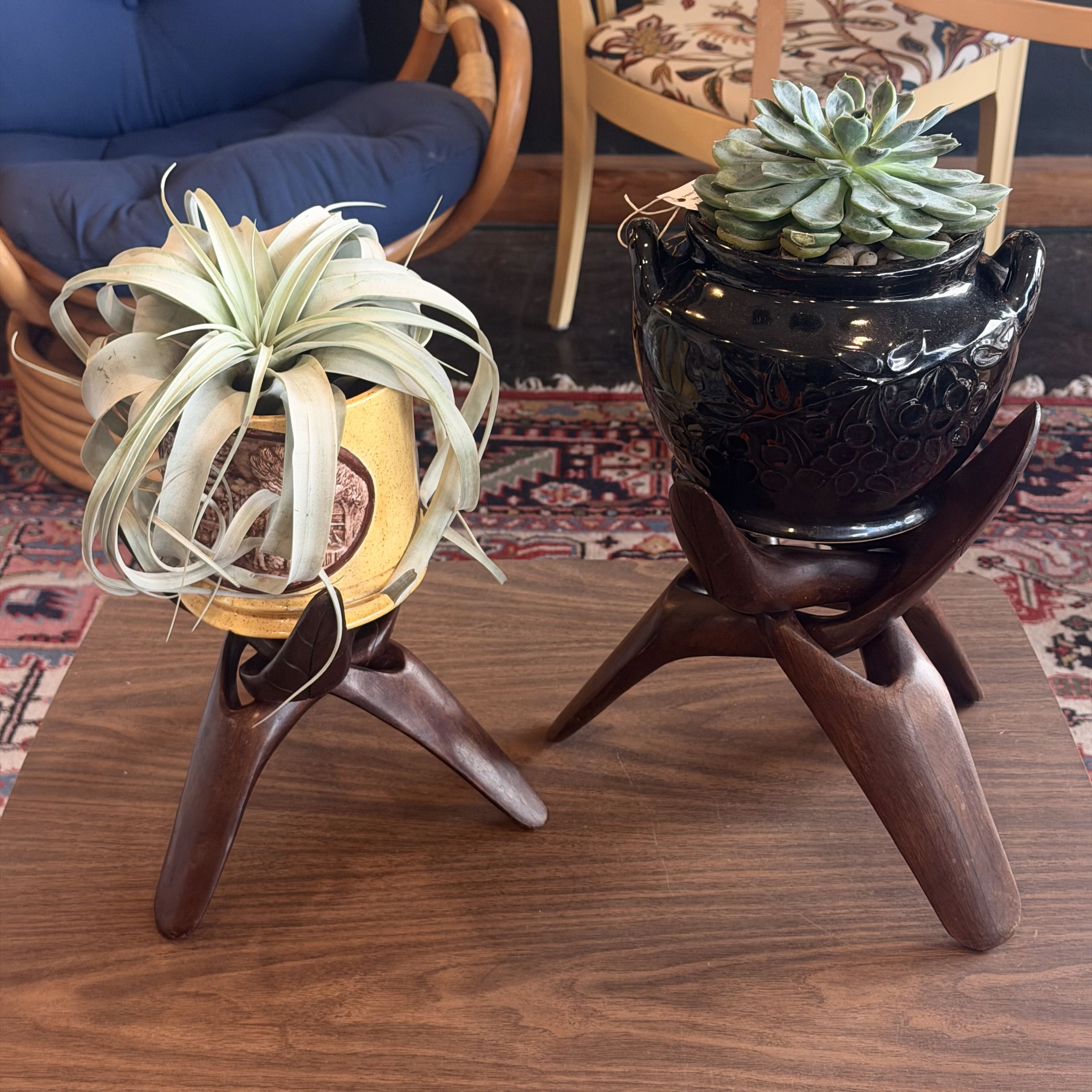 Mid Century Carved Wood Tripod Stand Set (2)