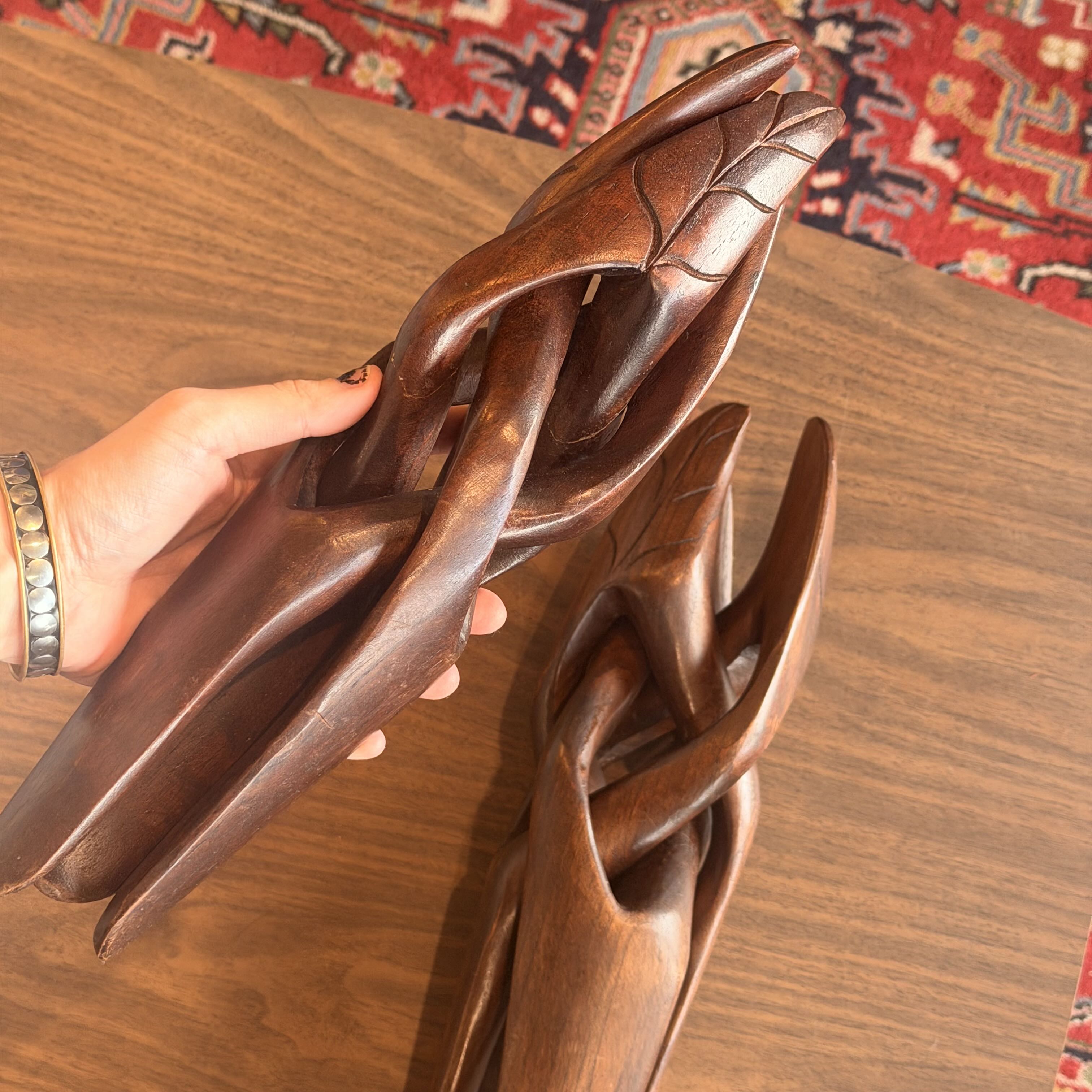 Mid Century Carved Wood Tripod Stand Set (2)