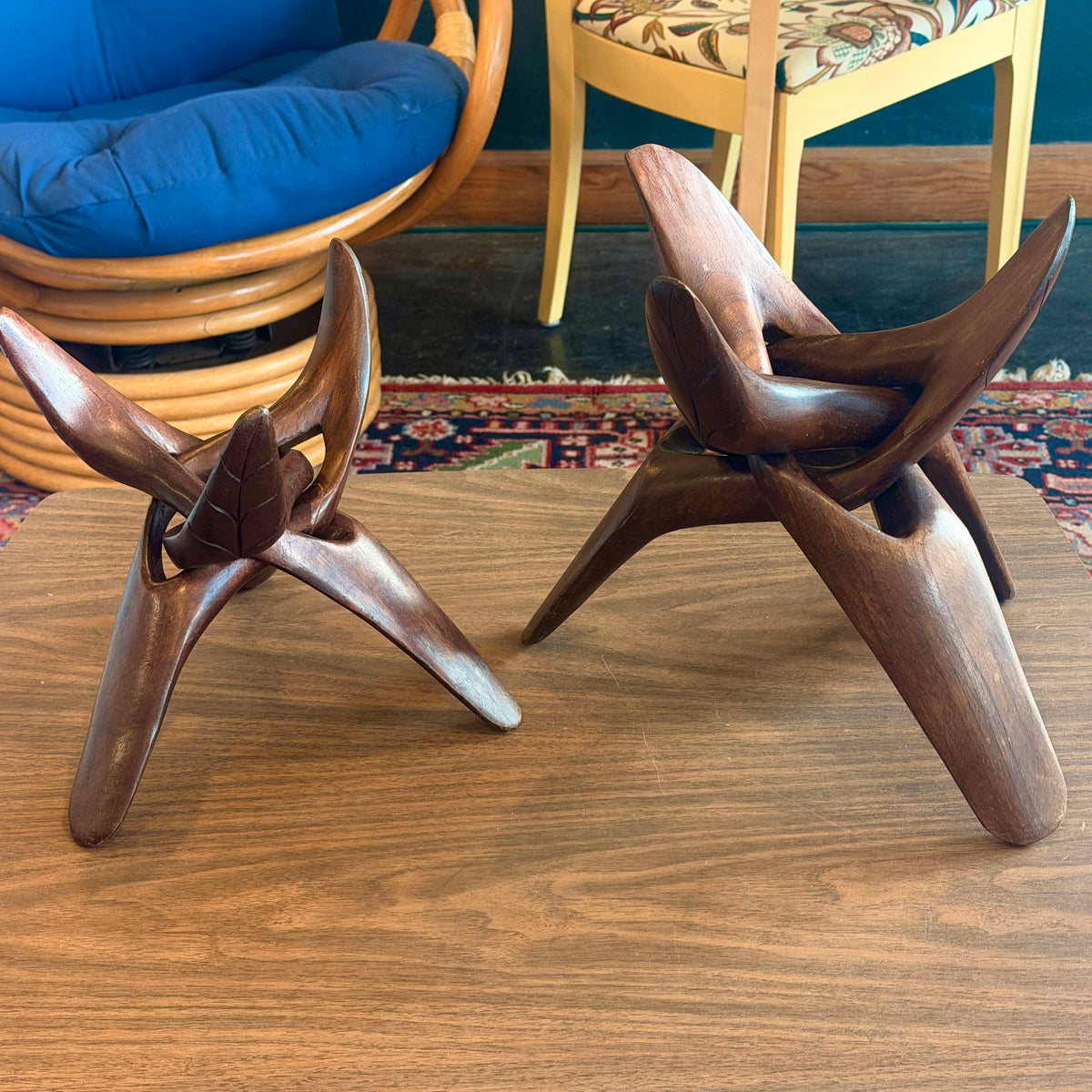 Mid Century Carved Wood Tripod Stand Set (2)