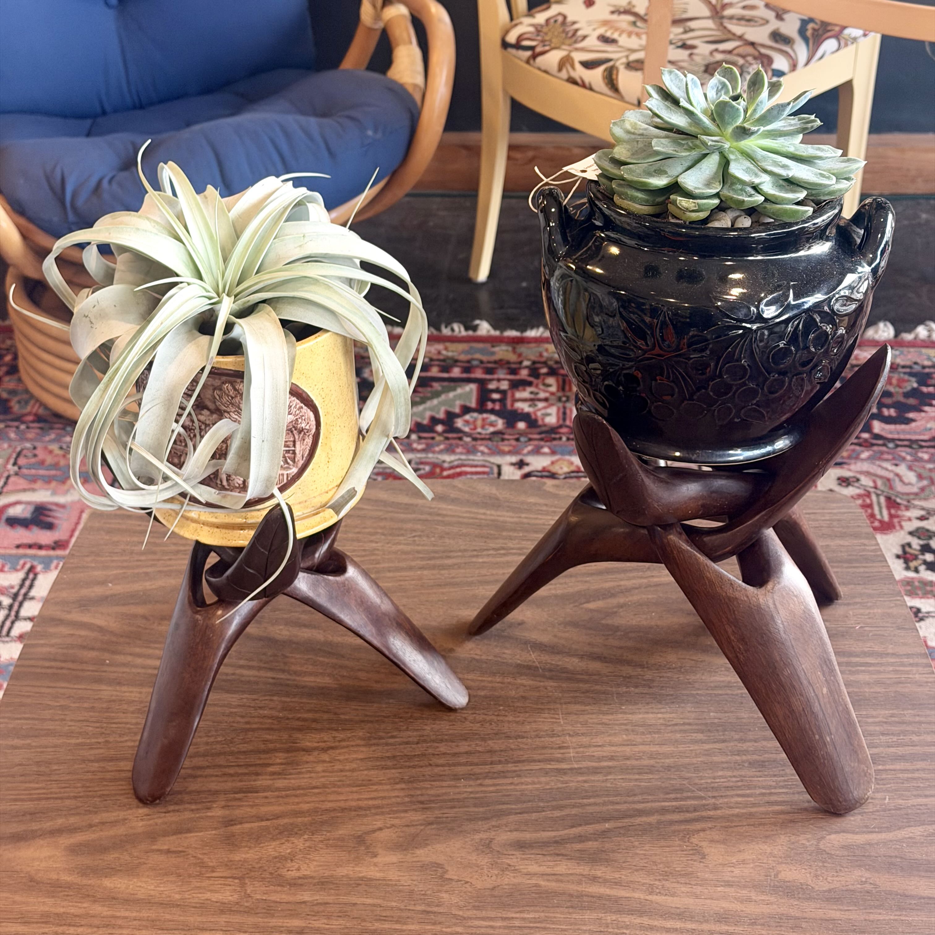 Mid Century Carved Wood Tripod Stand Set (2)