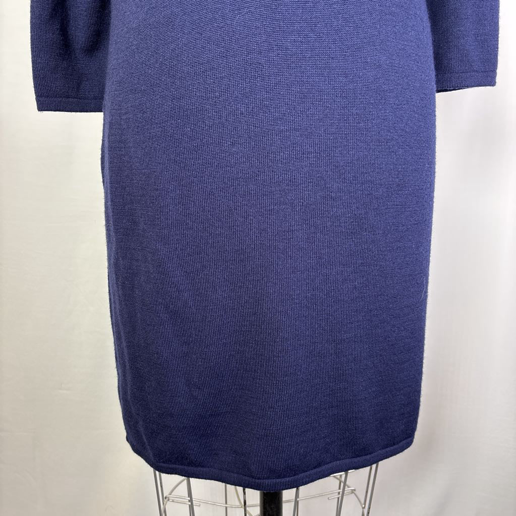 A blue knit sweater dress displayed on a wire dress form against a white background.