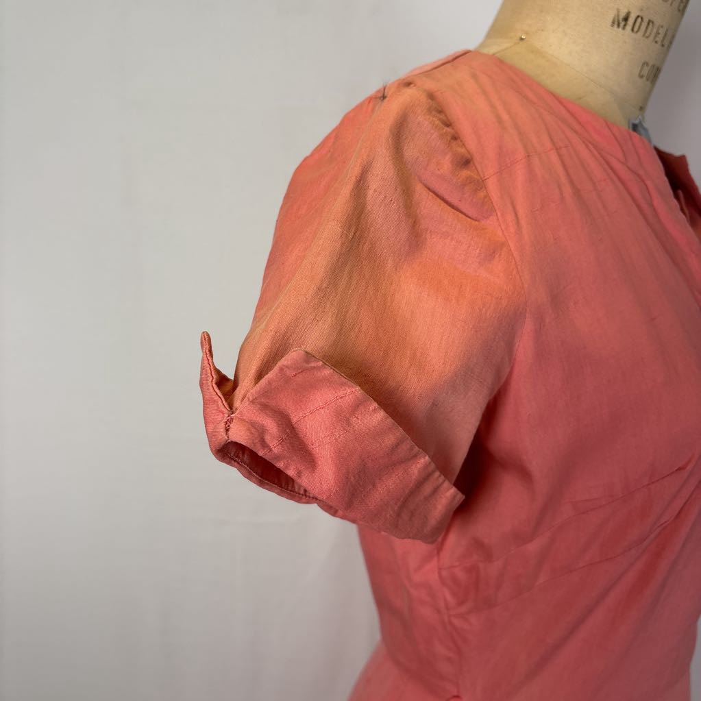 1960 Handmade Peach Dress w/ Front Bow & Pleated Skirt
