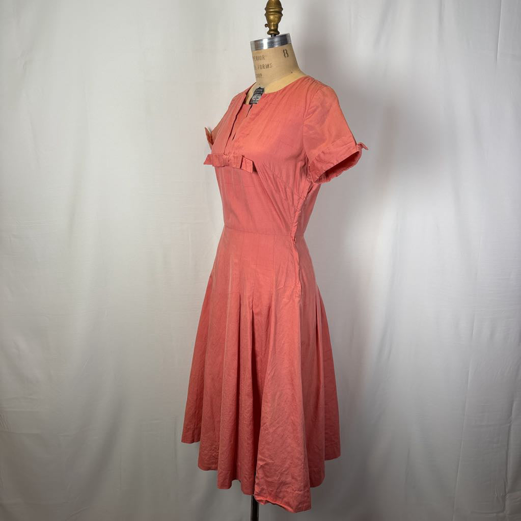 1960 Handmade Peach Dress w/ Front Bow & Pleated Skirt