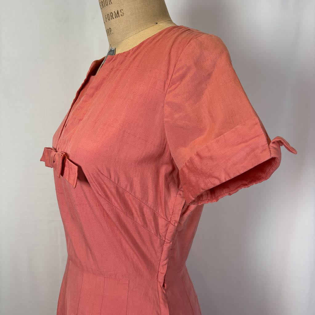 1960 Handmade Peach Dress w/ Front Bow & Pleated Skirt