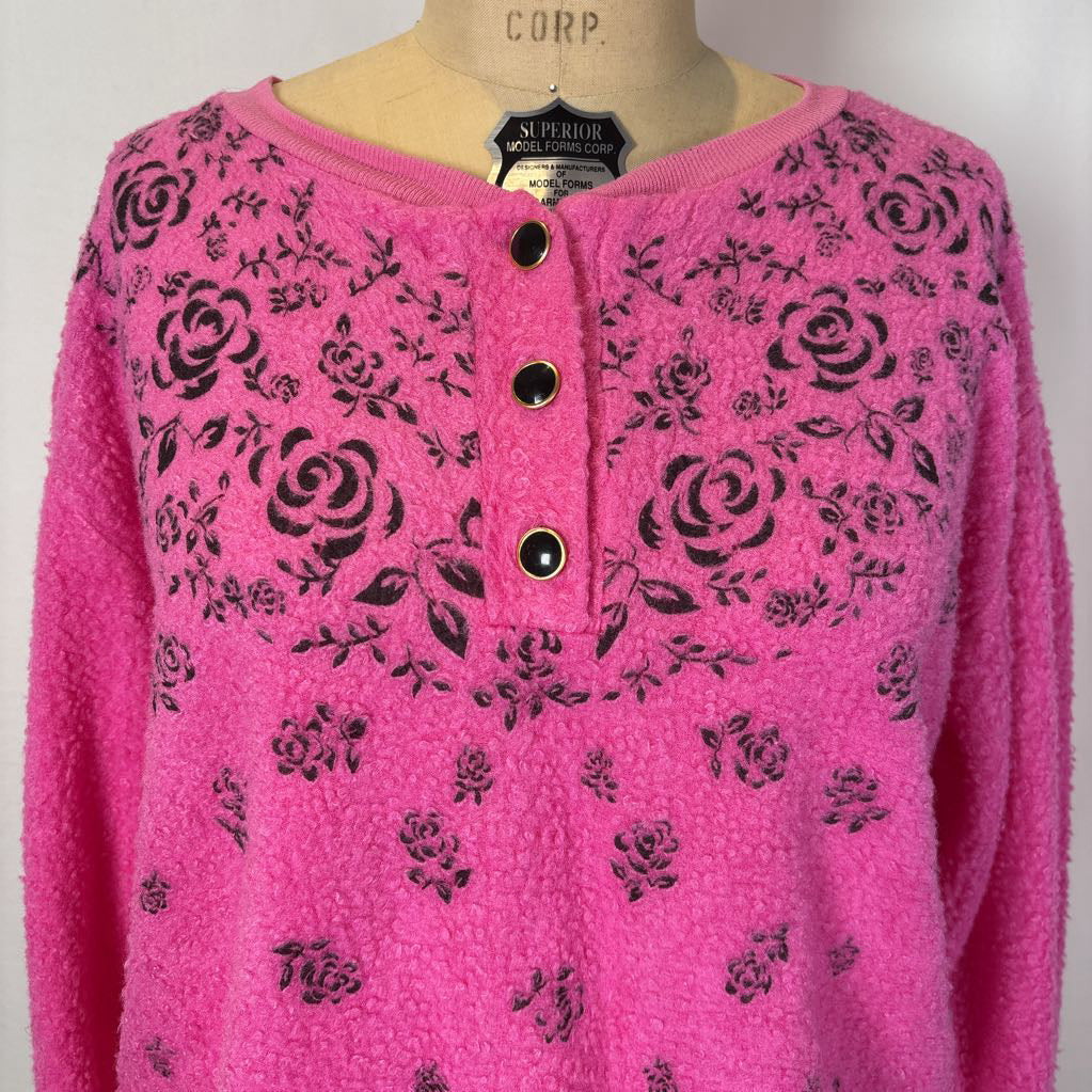 Vintage Hot Pink Sweater w/ Black Roses