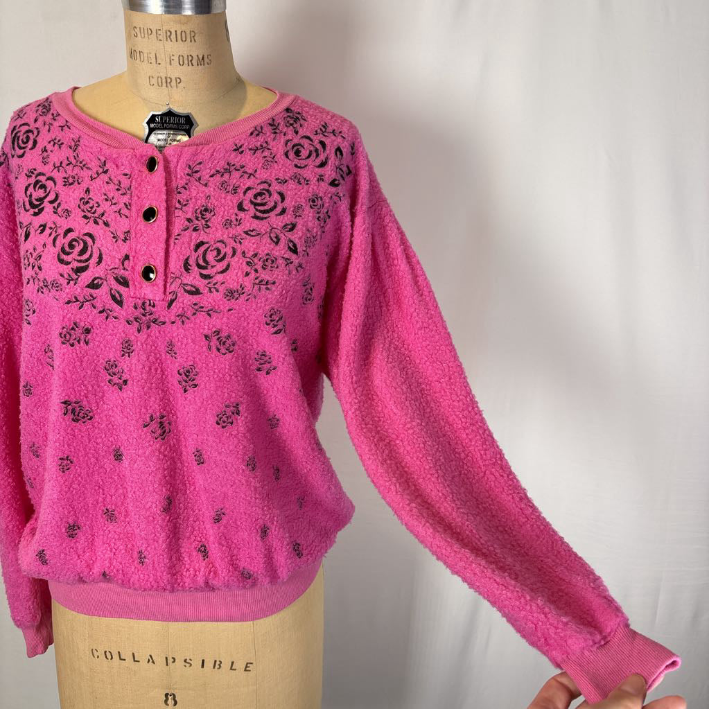 Vintage Hot Pink Sweater w/ Black Roses
