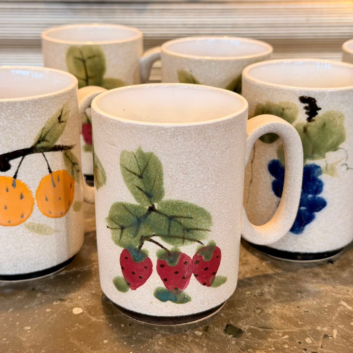 Vintage Napcoware Handpainted Textured Mugs w Fruit Motif (6)