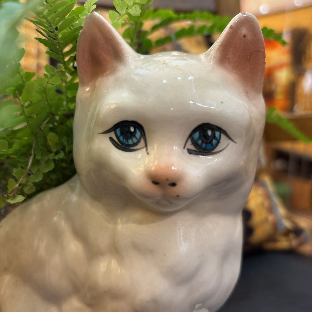 A white ceramic kitten with blue eyes and a fern plant inside It's sitting on a black leather seat with a cushion behind it.