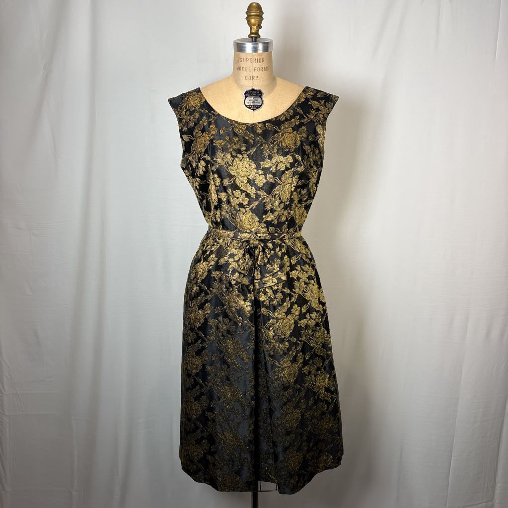 1960s Black & Gold Gilded Rose Brocade Dress