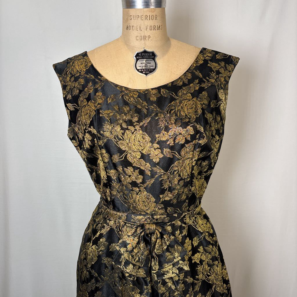 1960s Black & Gold Gilded Rose Brocade Dress