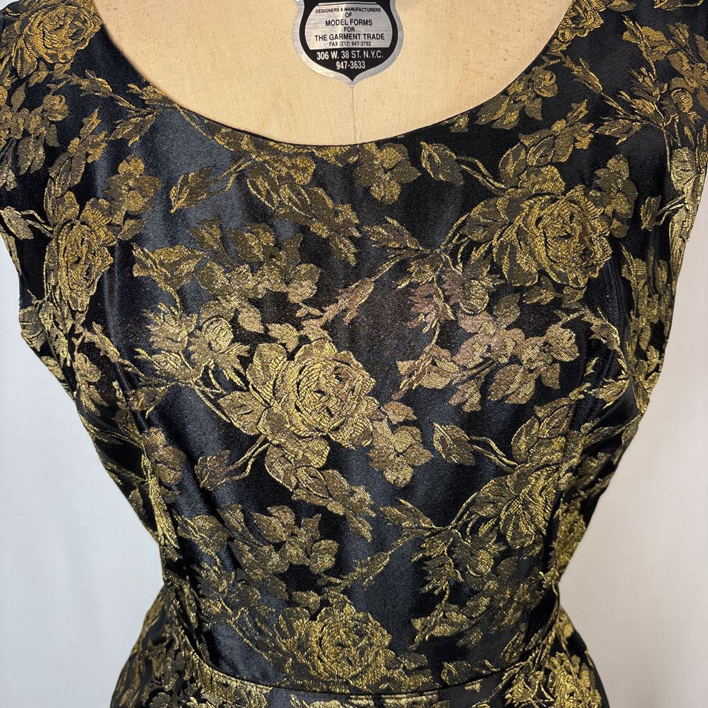 1960s Black & Gold Gilded Rose Brocade Dress