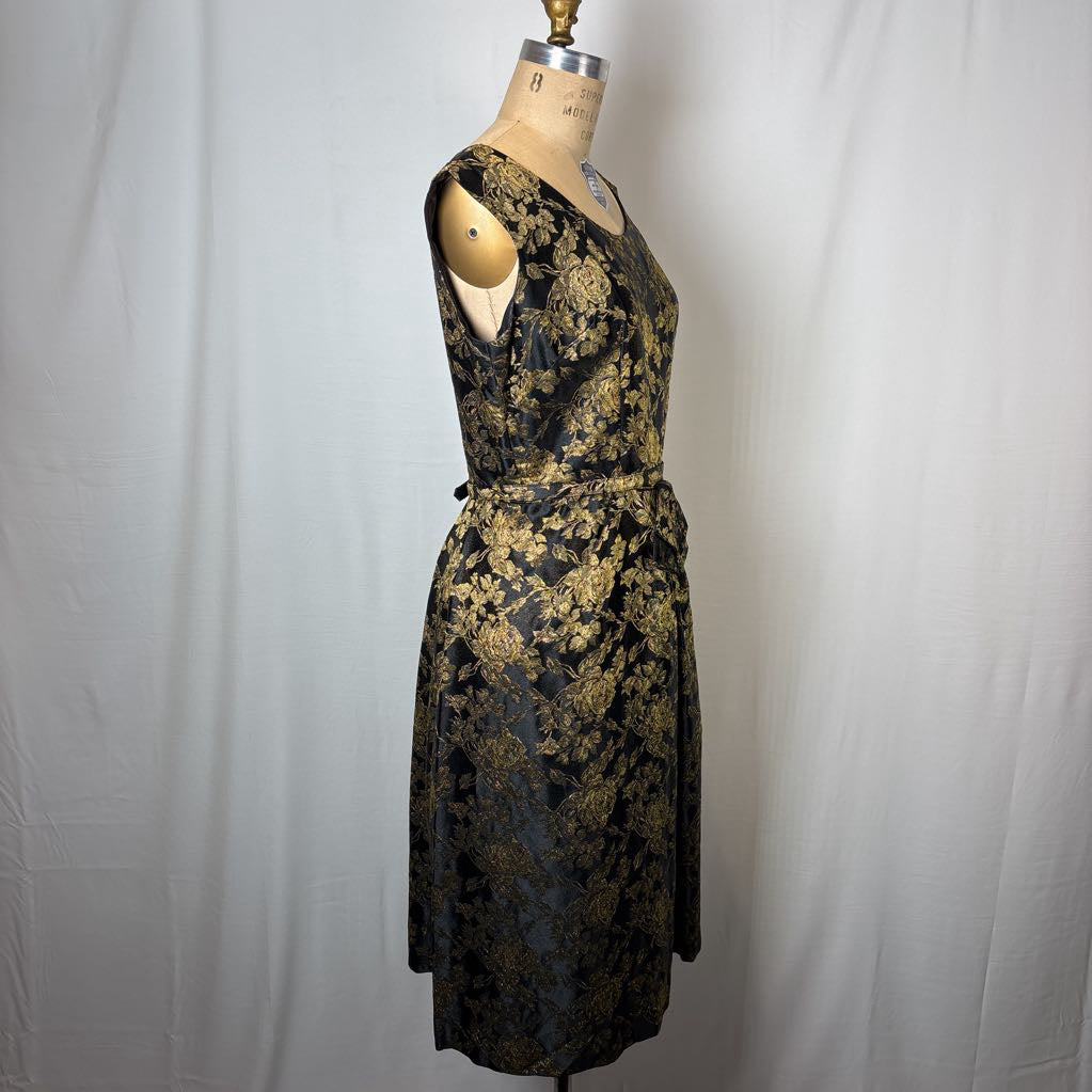 1960s Black & Gold Gilded Rose Brocade Dress