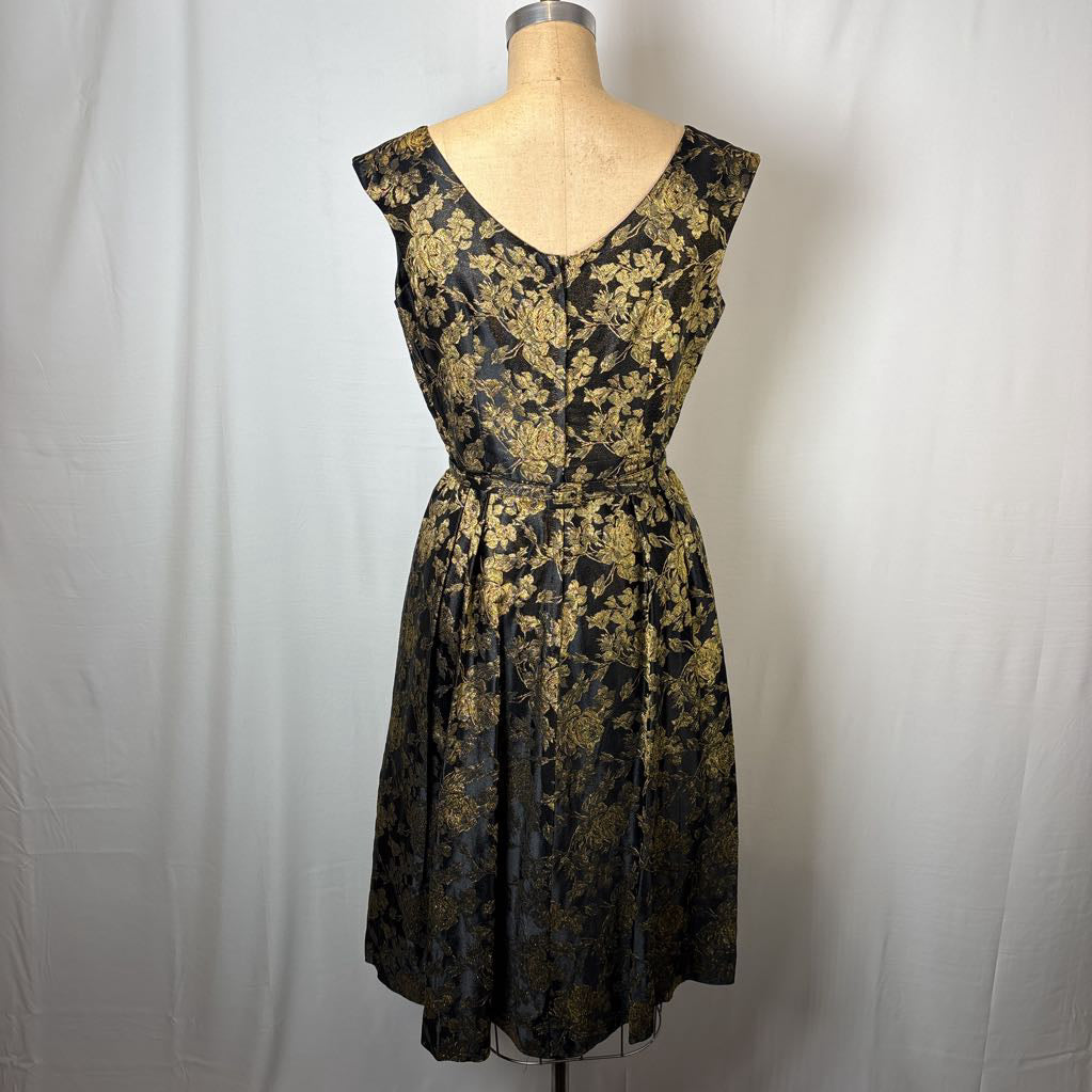 1960s Black & Gold Gilded Rose Brocade Dress