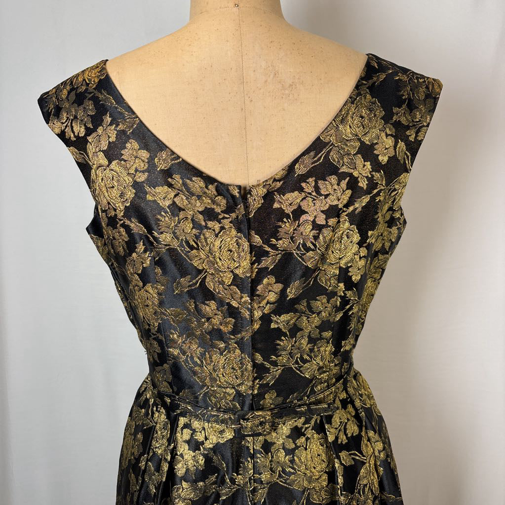 1960s Black & Gold Gilded Rose Brocade Dress