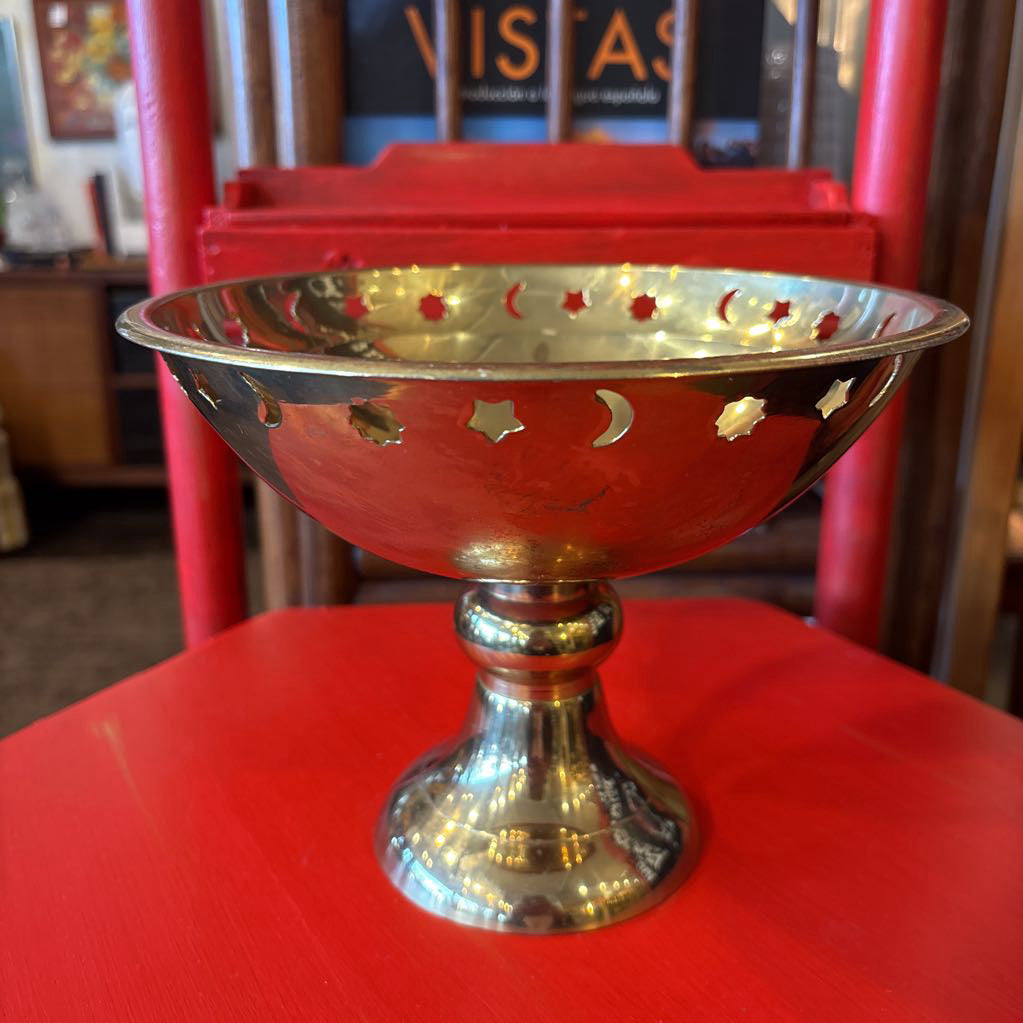 Vintage Brass Pedestal Bowl with Suns, Stars & Moons Accents