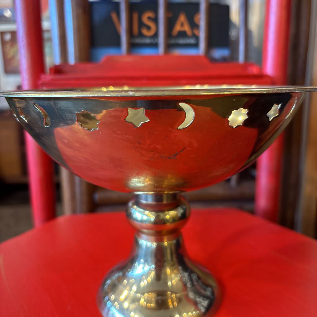 Vintage Brass Pedestal Bowl with Suns, Stars & Moons Accents