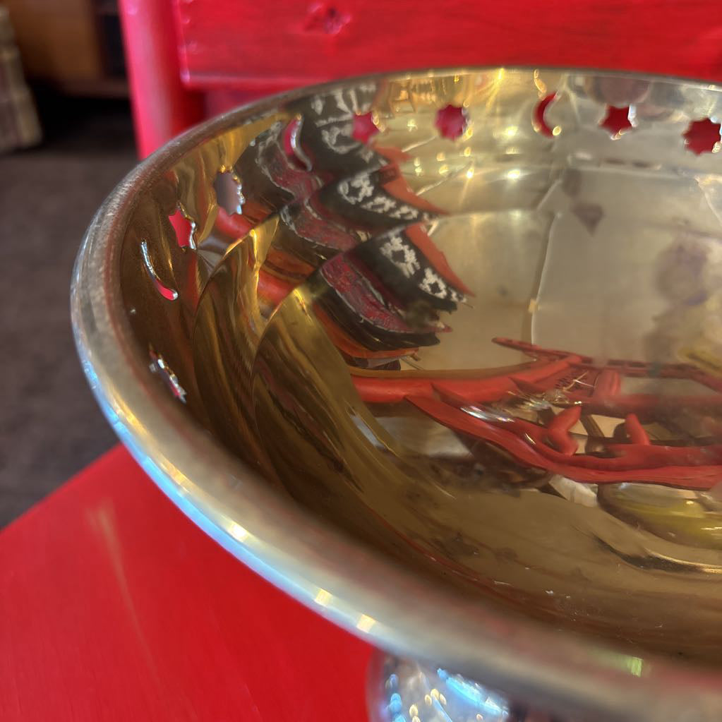 Vintage Brass Pedestal Bowl with Suns, Stars & Moons Accents