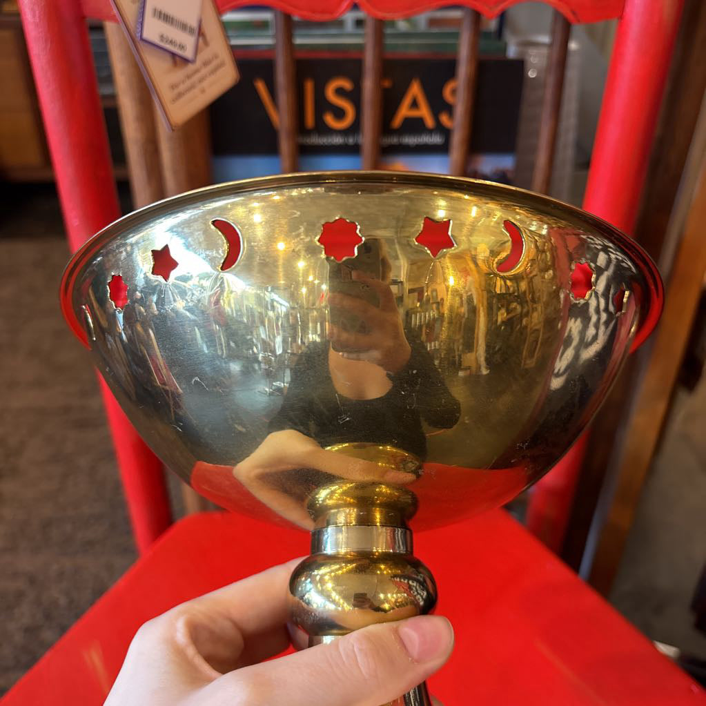 Vintage Brass Pedestal Bowl with Suns, Stars & Moons Accents