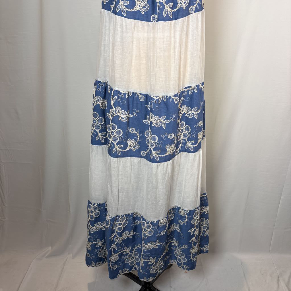 White and Blue Embroidered Mumu