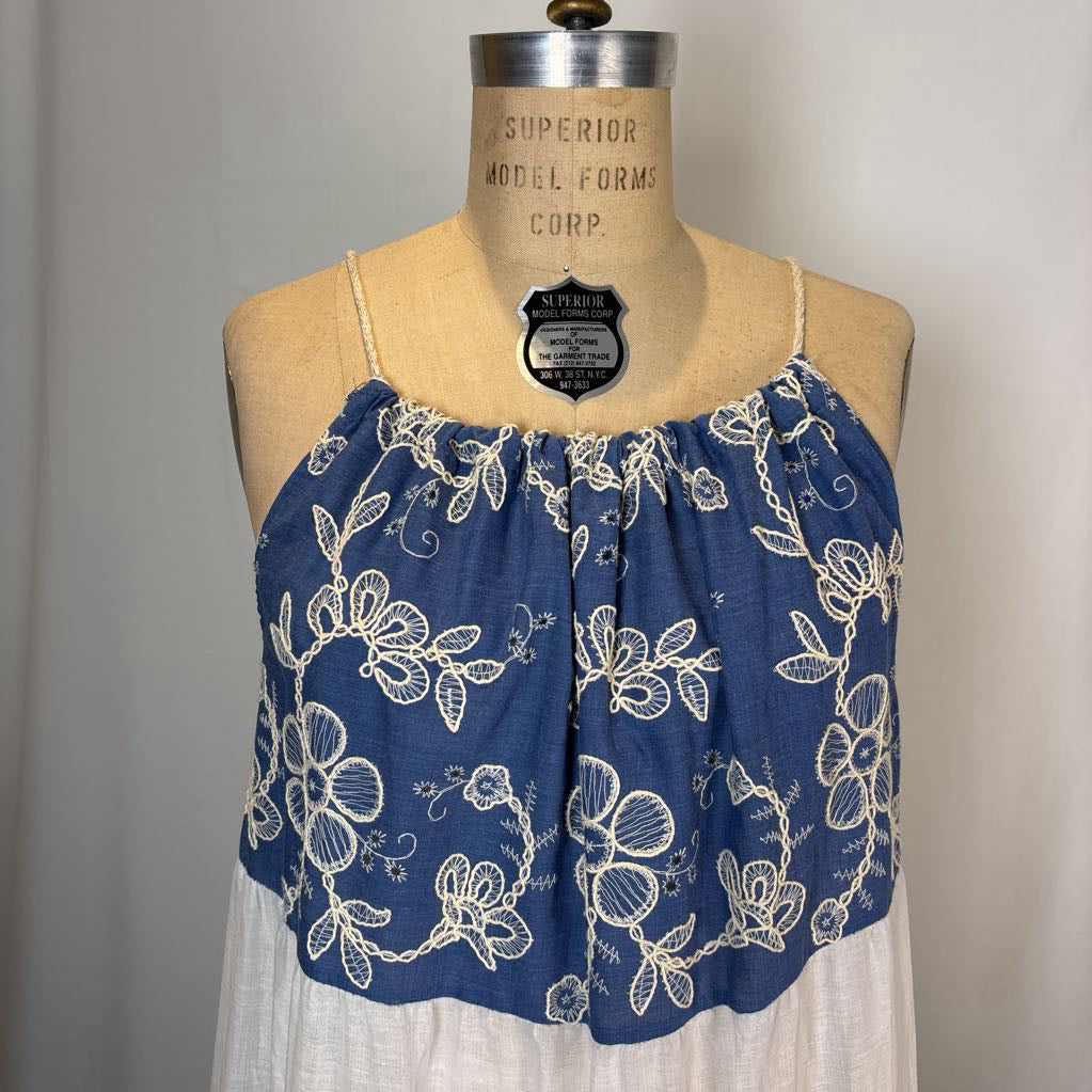 White and Blue Embroidered Mumu