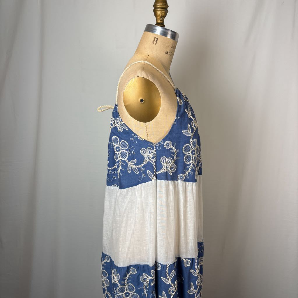 White and Blue Embroidered Mumu