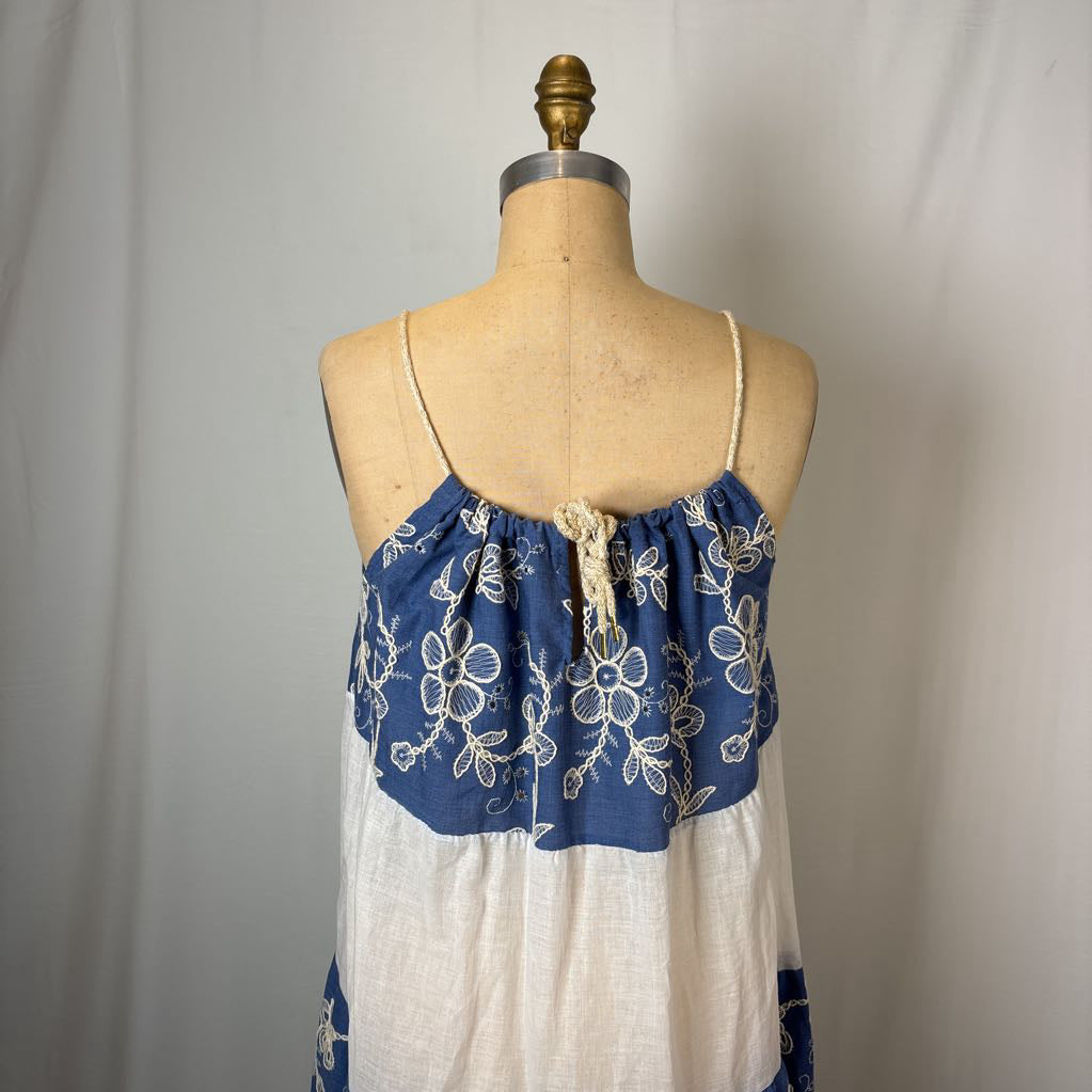 White and Blue Embroidered Mumu