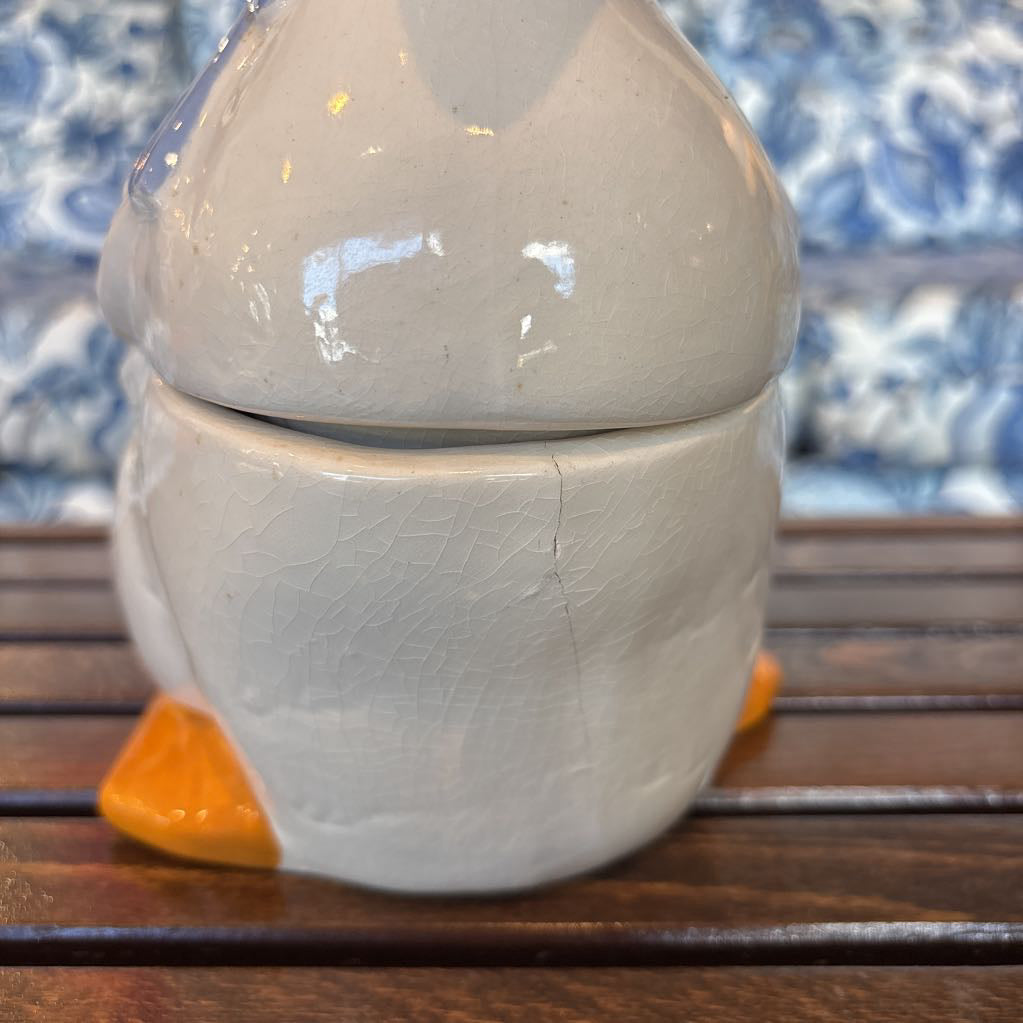 A small crack on the front of a duck shaped ceramic object on a wooden bench.