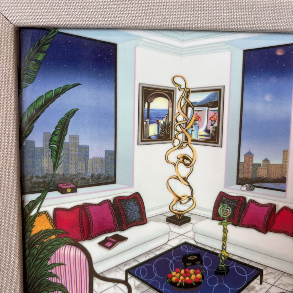 A framed artwork of a room and a nigh time cityscape outside of the windows.