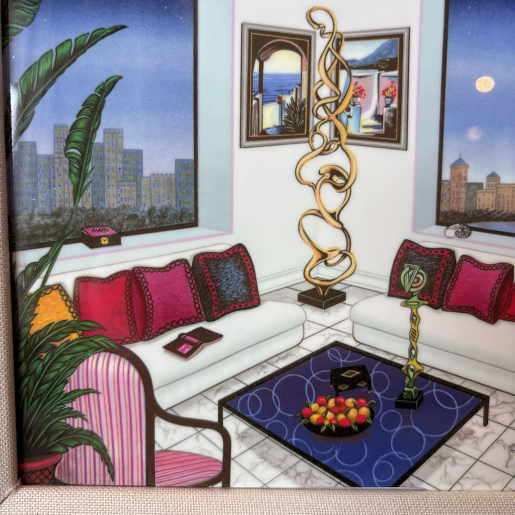 A framed artwork of a room and a nigh time cityscape outside of the windows.