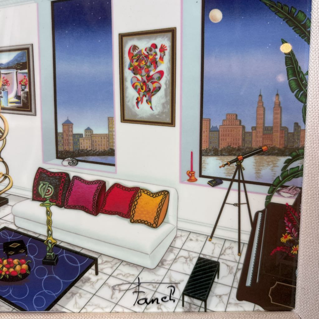 A framed artwork of a room and a nigh time cityscape outside of the windows.