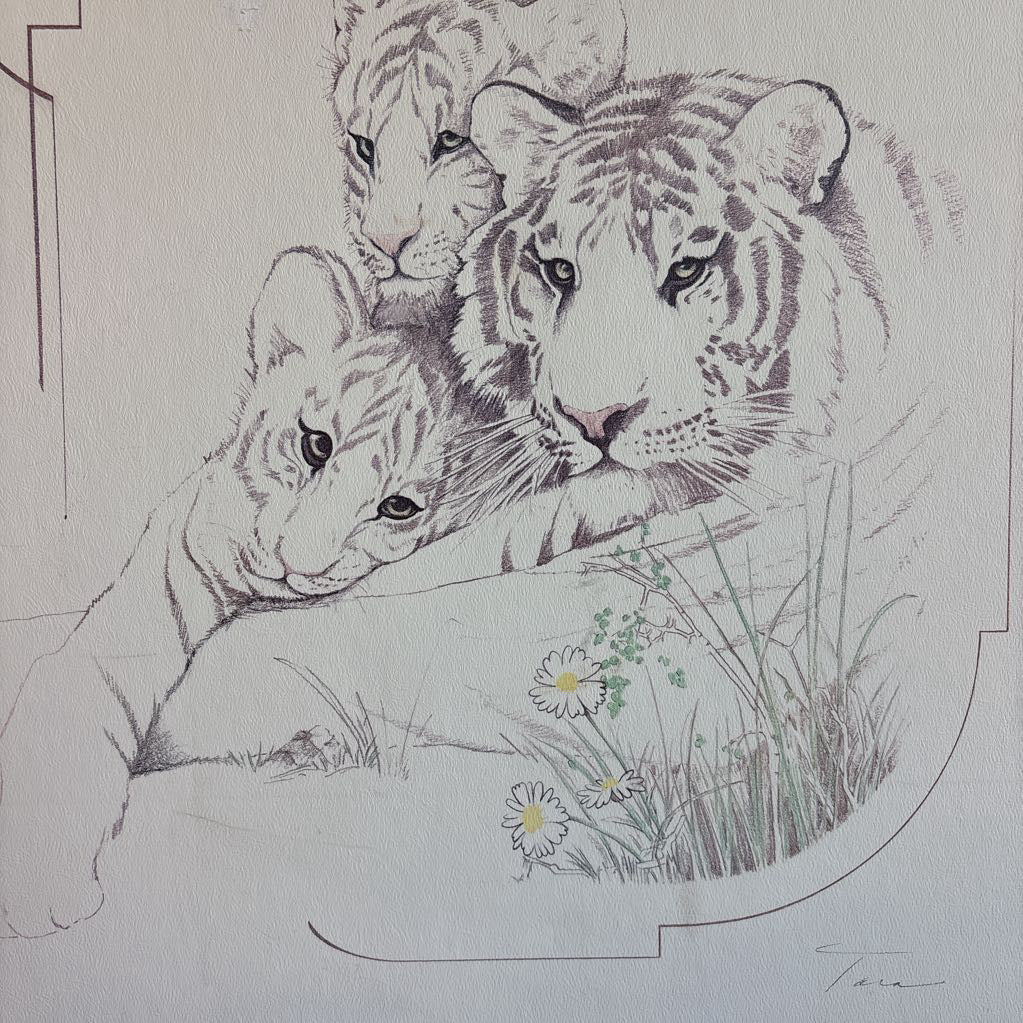 A white artwork of a tiger and cubs in a thick wooden frame.