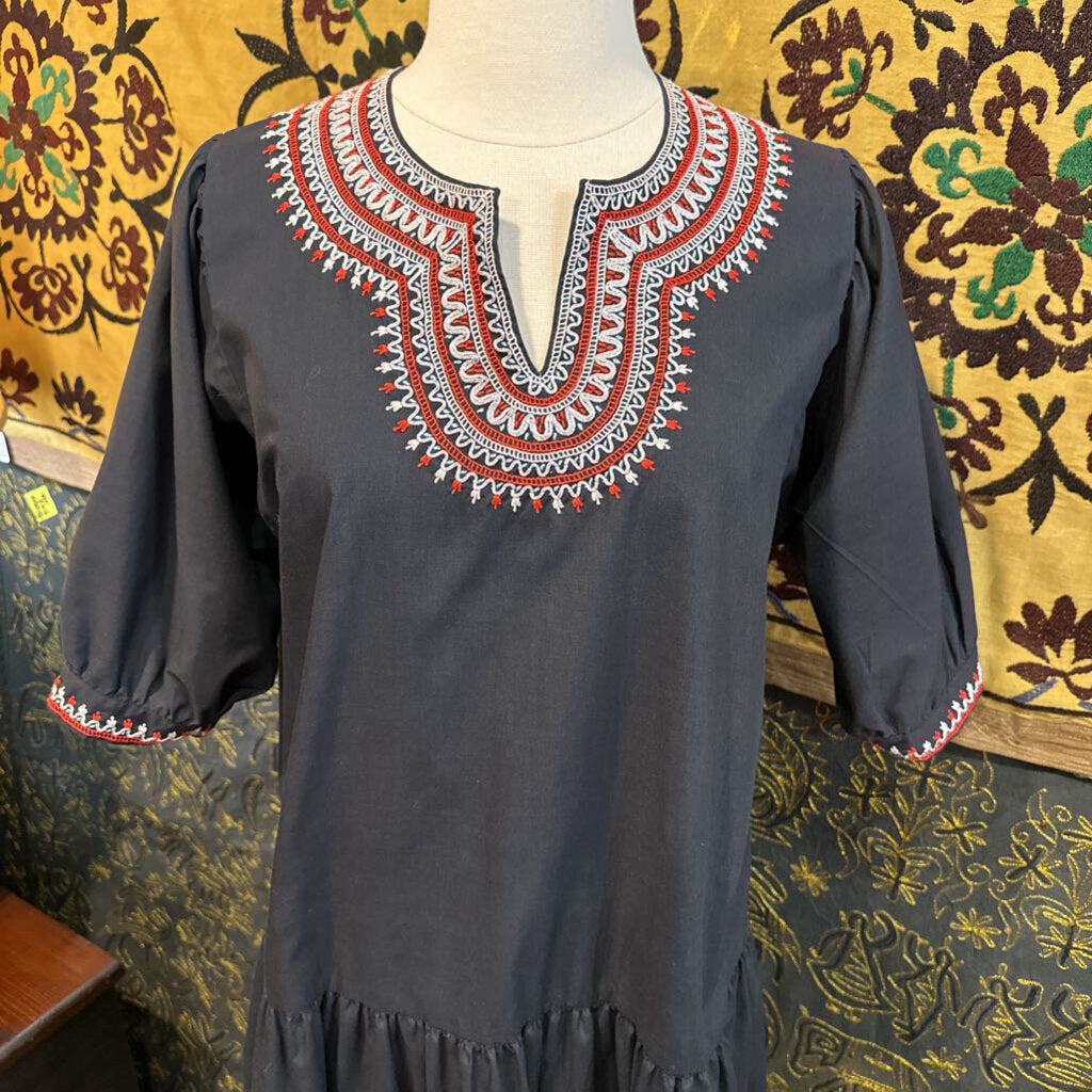 1980's Hand Embroidered Drop Waist Dress w/ Belt