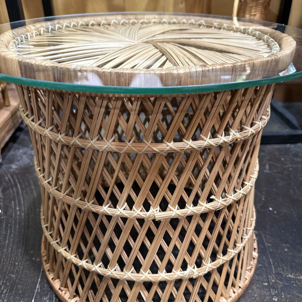 Vintage Wicker End Table w/ Glass Top