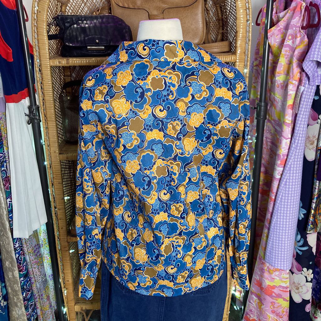 1970s blue psychedelic print blouse