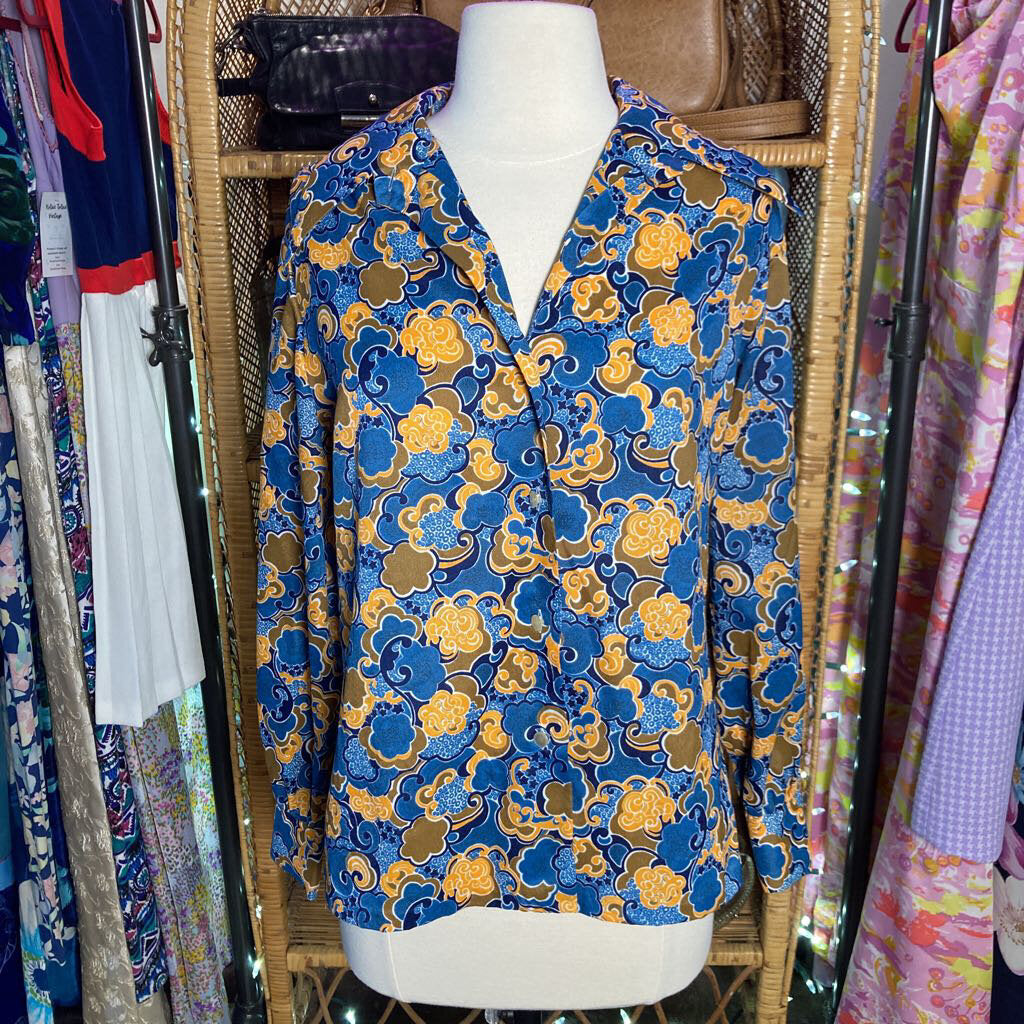 1970s blue psychedelic print blouse