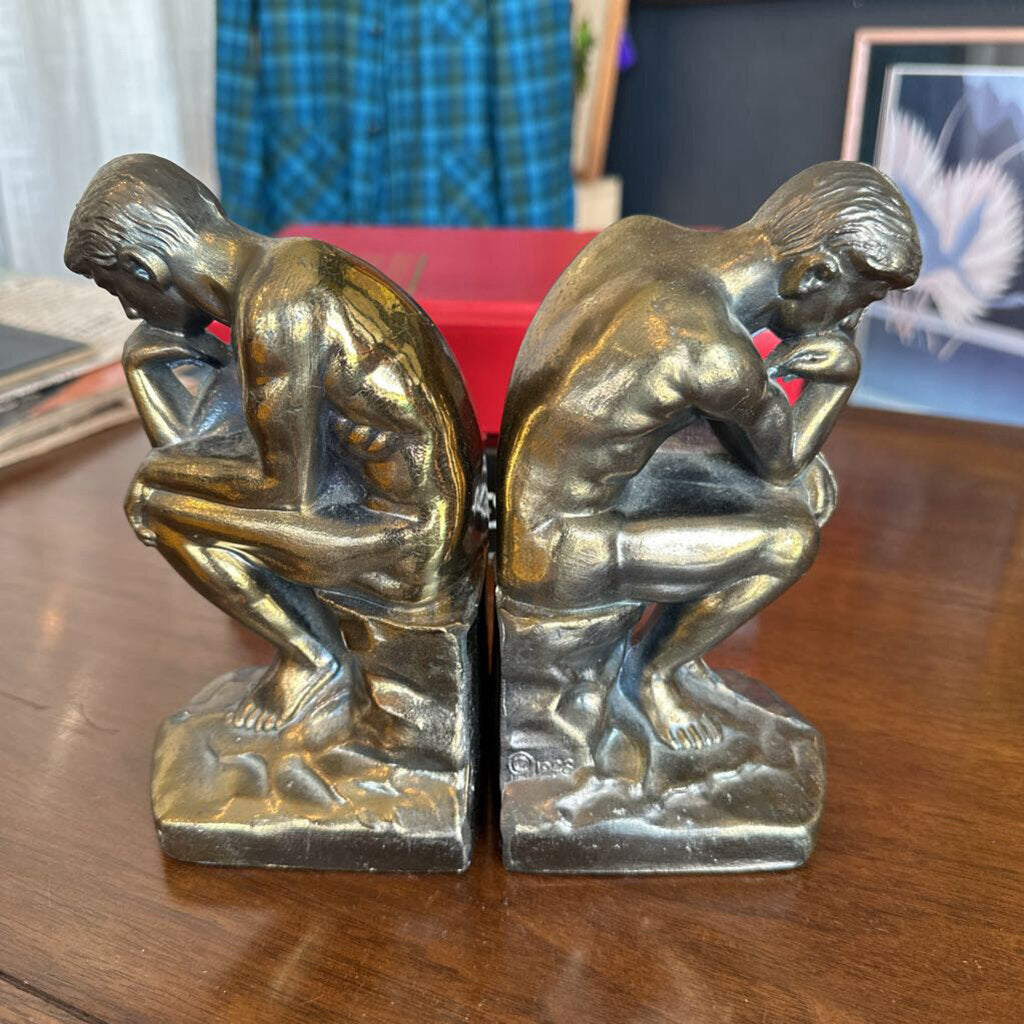 Antique The Thinker Bookends Brass Rodin Cast Metal 1928