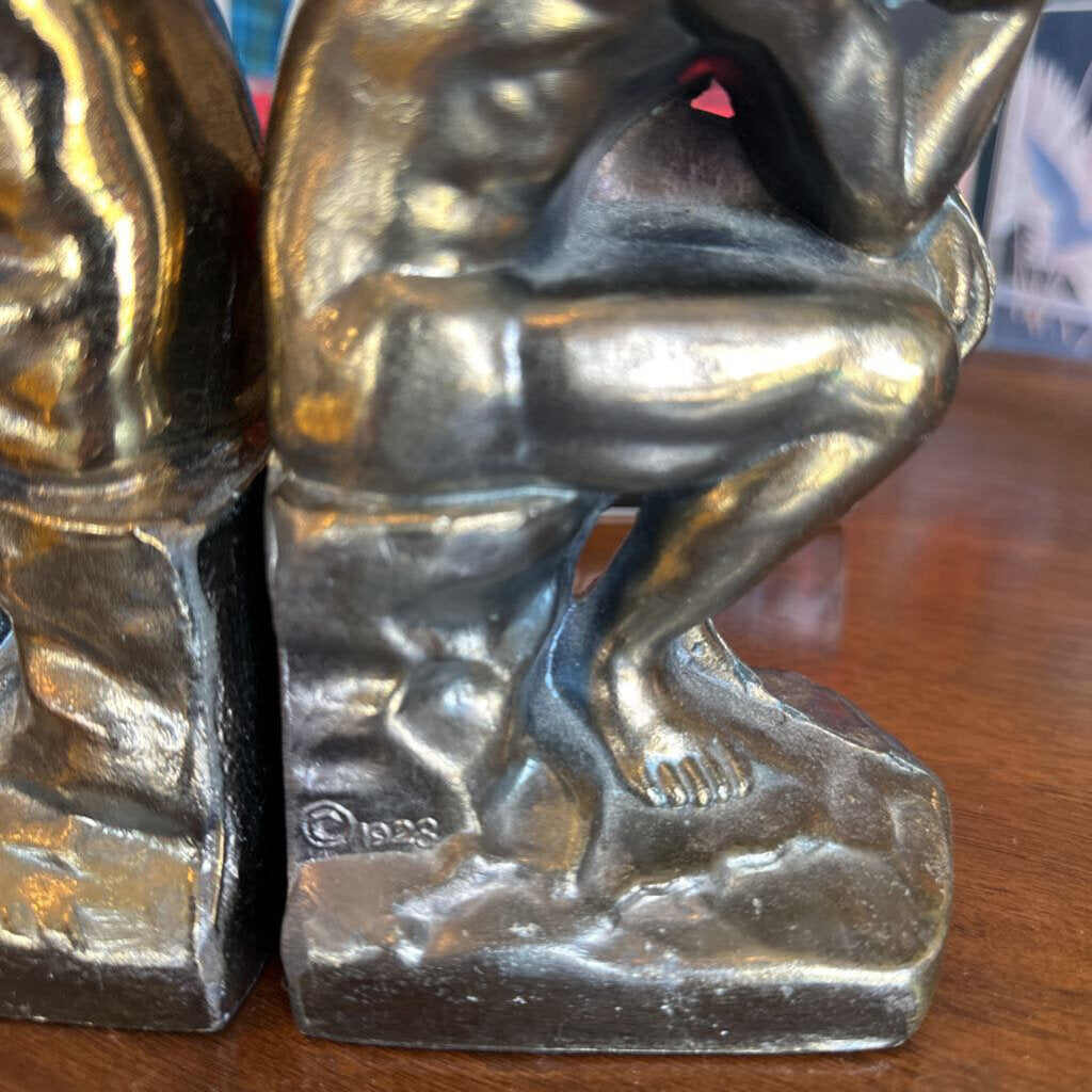 Antique The Thinker Bookends Brass Rodin Cast Metal 1928