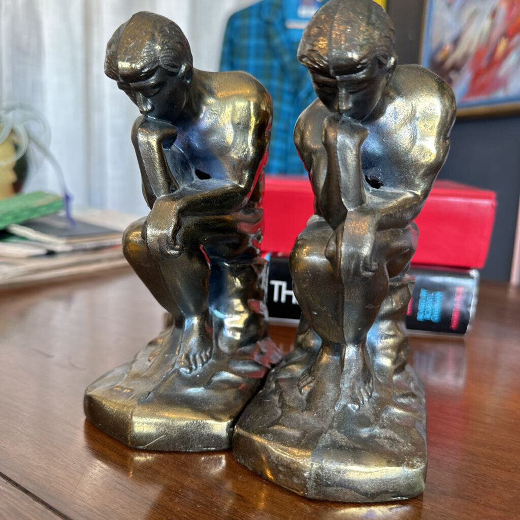 Antique The Thinker Bookends Brass Rodin Cast Metal 1928