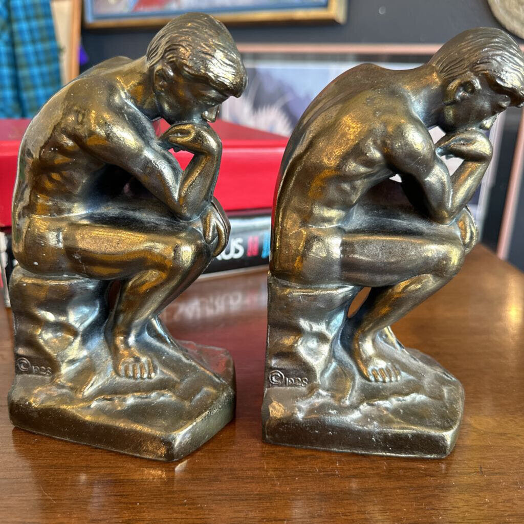 Antique The Thinker Bookends Brass Rodin Cast Metal 1928