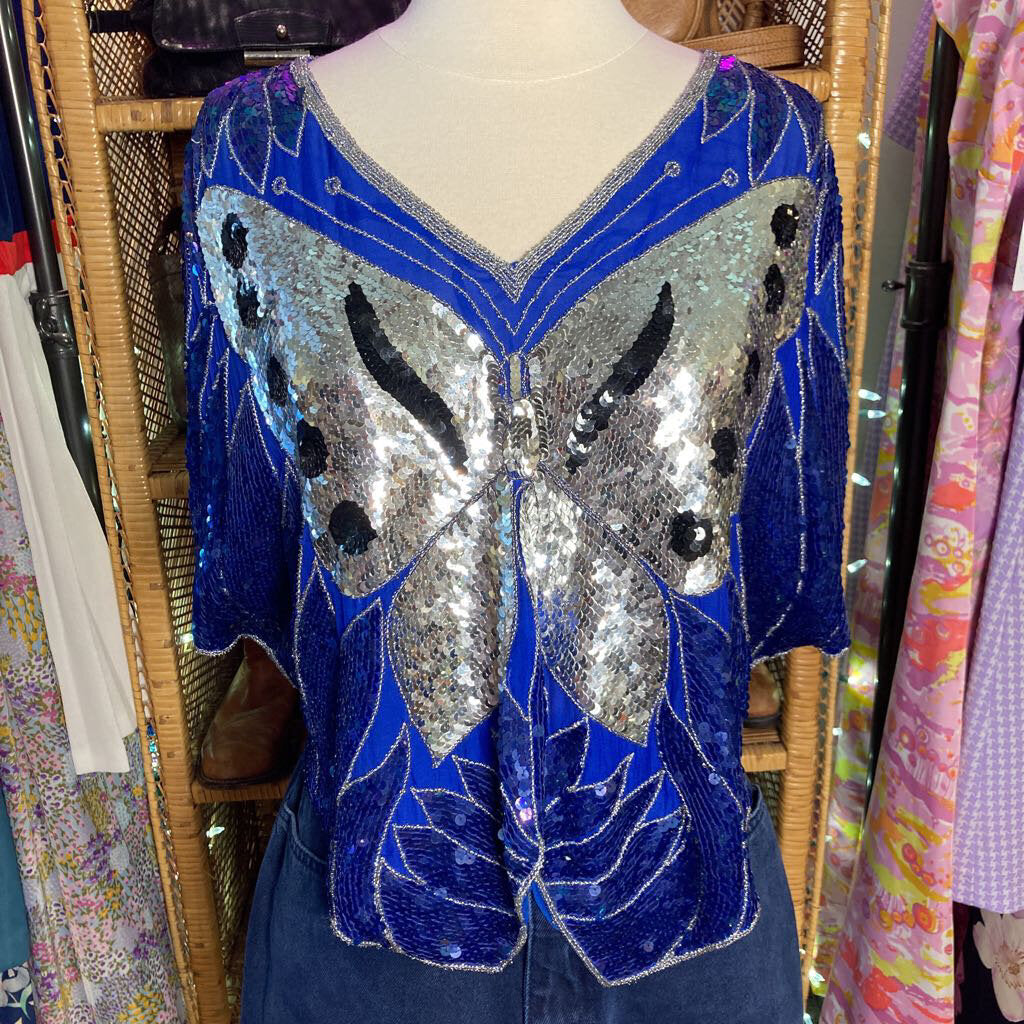 1980's Blue Sequins Butterfly Poncho