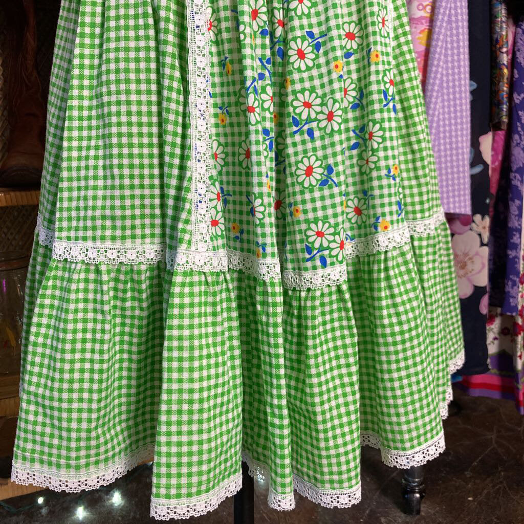 1970s Green Checkered Floral Square Dance Dress