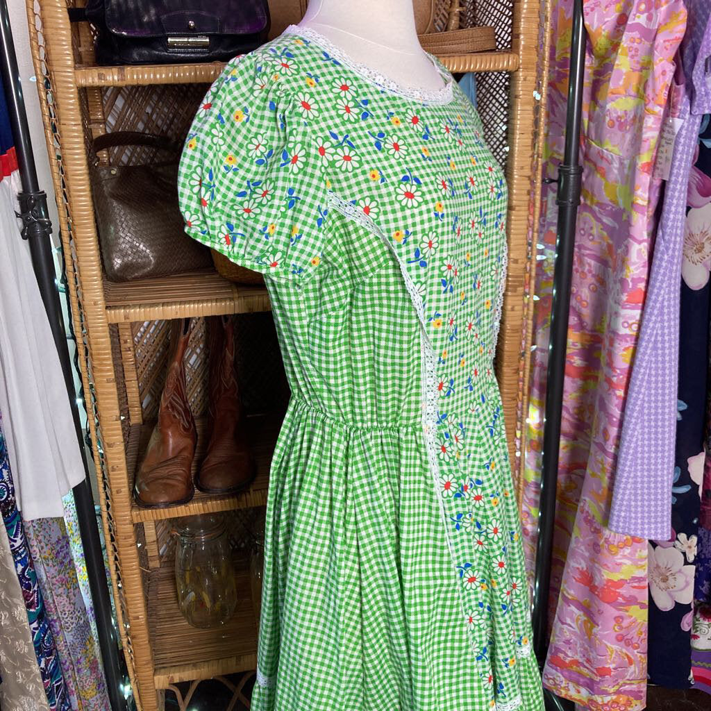 1970s Green Checkered Floral Square Dance Dress