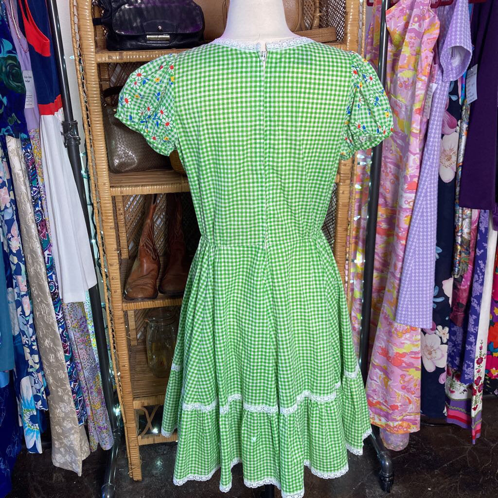 1970s Green Checkered Floral Square Dance Dress