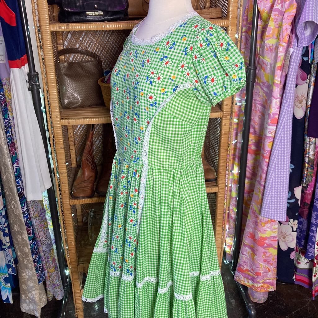 1970s Green Checkered Floral Square Dance Dress