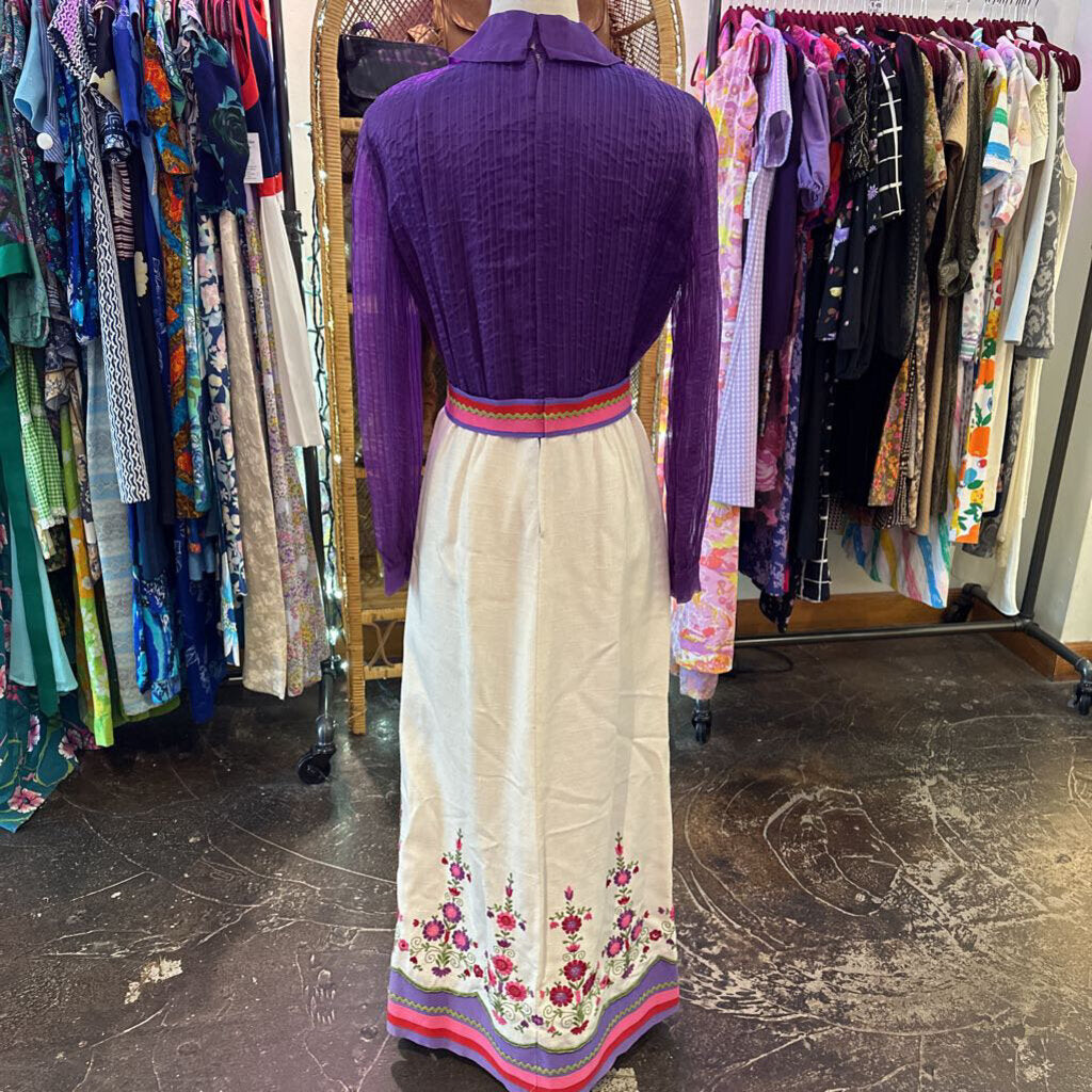 1970s Purple Embroidered Floral Maxi Dress