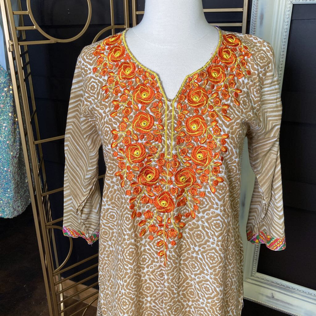 Brown kurta with orange embroidery