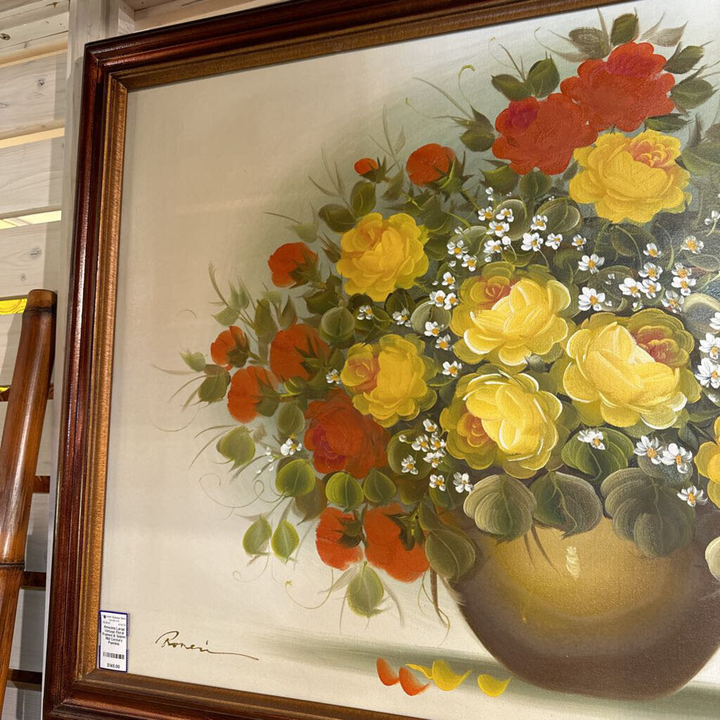 Amazing Large Vintage Floral Framed & Signed Mid Century Painting