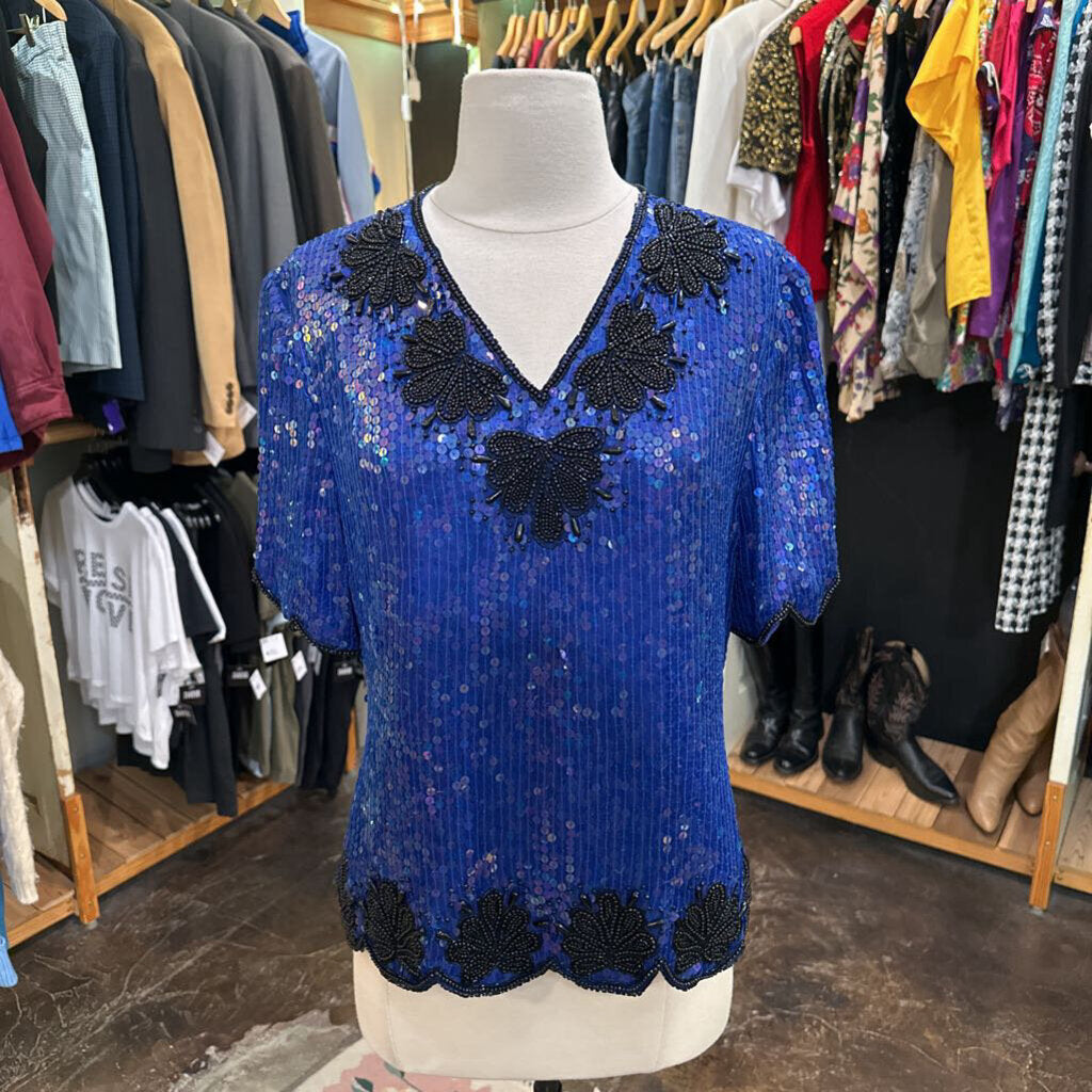 1980s Blue Sequin & Beaded Top