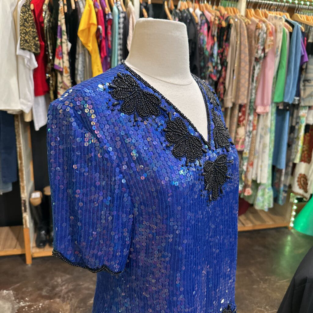 1980s Blue Sequin & Beaded Top