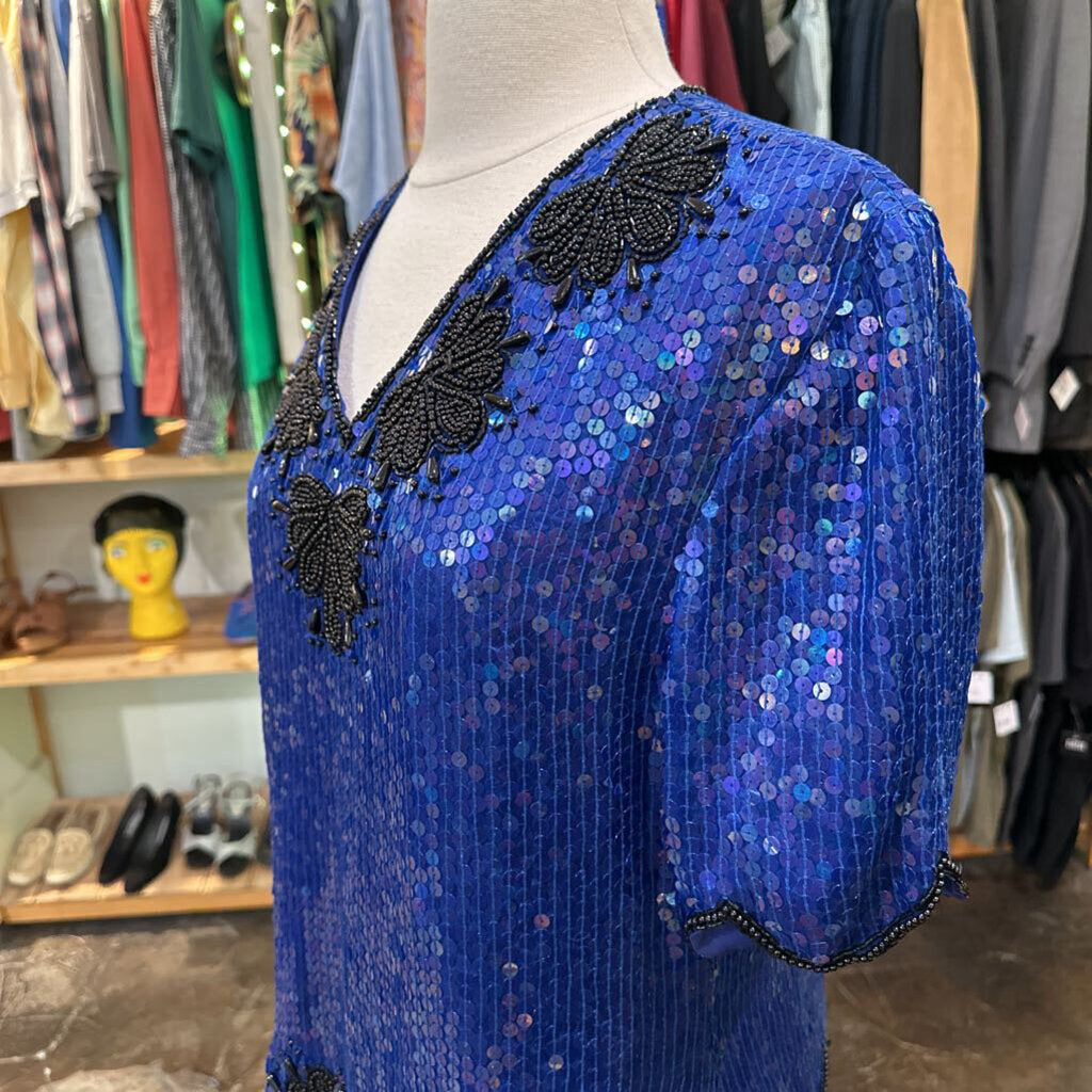 1980s Blue Sequin & Beaded Top